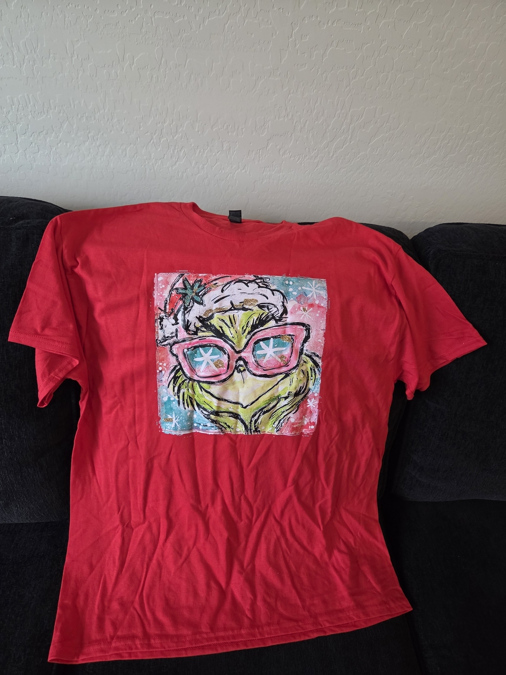 Gildan Red Grinch Graphic Tee with Pink Sunglasses